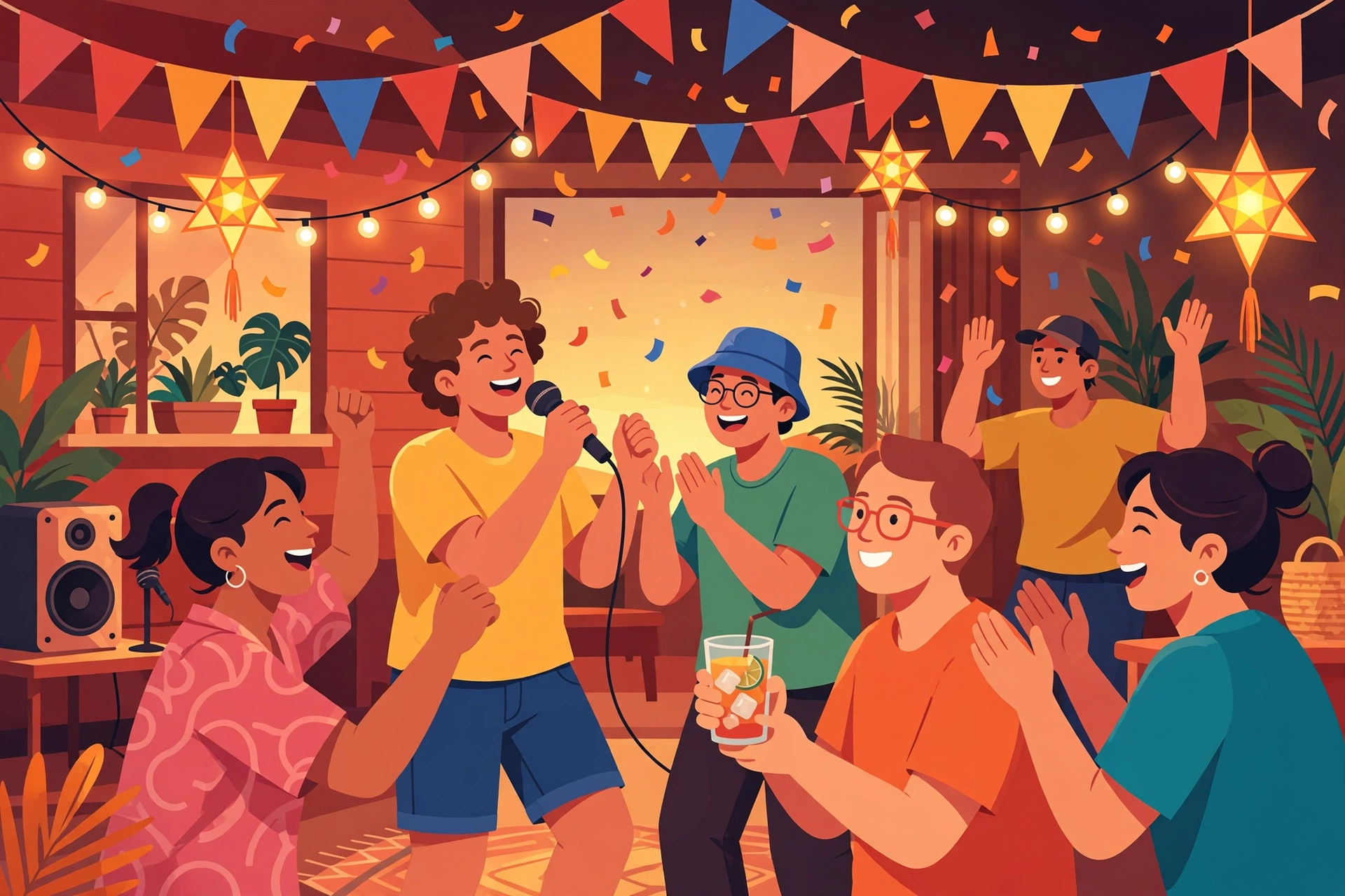Fiesta crowd singing karaoke at a Filipino party